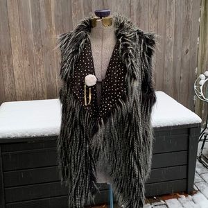 Furry long Hair Vest, fold over lapel with contract inside, unique Grey & Black